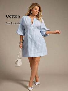 Auralis Vestido blanco para mujer de talla grande, vestido de manga media, atuendos de vacaciones para mujer, vestidos casuales para mujer, vestidos modestos para mujer, mini faldas, vestido para salir, vestido lindo/vestido de talla grande de cuello redondo y escote en V con manga abullonada/falda de línea A/ropa de oficina elegante/estilo seductor/ropa de alta gama para banquetes de talla grande, vestidos casuales de talla grande, vestidos de talla grande, ropa de talla grande para mujer, vestido de picnic de talla grande, vestido casual de talla grande para mujeres - Azul y blanco - Ver 6