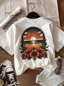 [Double-Sided Print] Women's Casual Summer Top, Vintage Style, Sunset And Floral Print, Round Neck, Short-Sleeved T-Shirt In Pure Cotton [Ling K] - Retro Casual Style, Unisex, Comfortable Short-Sleeved, Round-Neck Cotton T-Shirt. - White - View 2