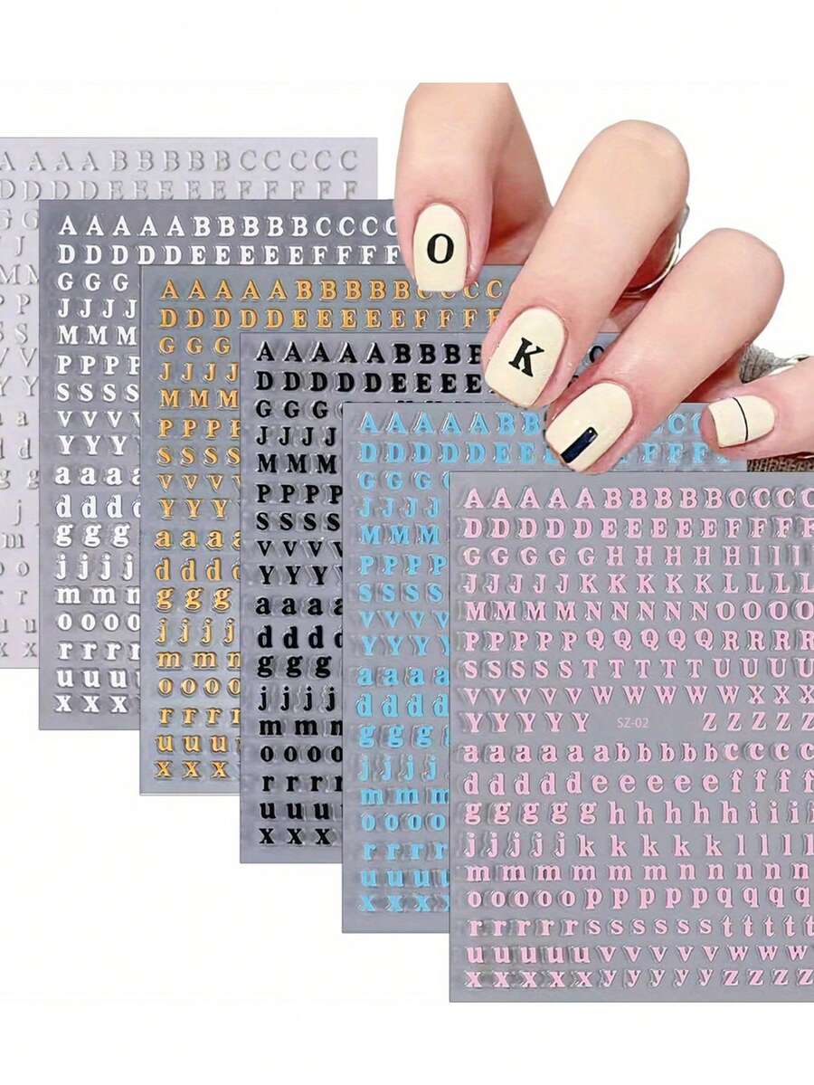 Set med 6 ark bokstavsklistermärken för nagelkonst med det engelska alfabetet. Dessa självhäftande dekaler finns i både vitt och svart, med stora och små bokstäver, perfekta för kvinnor och för att skapa sina egna nageldesigner. - Multifärgad - Visa 1