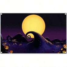 D72x43inch Polyester Nightmare Before Christmas Theme Backdrop Halloween Yellow Full Moon Night Background Boys Girls Adult Party Decorations Photo Banner10, Ideal For Home And Room Décor, Birthday And Party Decorations, Event Backdrops, Photo Booth Setups, Wall Art, Graduation And Wedding Decorations, Holiday Displays, Photography Backdrops, Party Supplies, And Gift Selection. - 多色的 - 查看 3