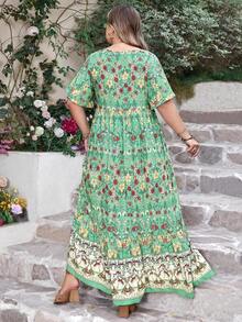 Women Plus Size Floral V-Neck Loose Dress Beach Holiday Summer Party Wedding Season Music Festival Vacation Elegant - màu xanh lá - Xem 3