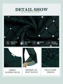 Blusa elegante para mujer, confeccionada con doble capa de gasa ligera y fresca.Cuenta con cuello redondo, manga de 3/4 con volantes y diseño de estampado de rombos brillantes, con fruncido en el pecho y corte entallado.Ideal como top de verano para looks casuales y elegantes. - Verde - Ver 4