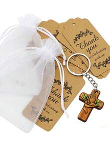 Wooden Cross Keychain With Praying Hands And Olive Leaf Pattern, Employee Appreciation Party Souvenir Set With Silk Pouch And Thank You Card, Suitable For Baptism, First Communion, Wedding, Graduation Appreciation Gifts, Bulk Souvenir Wholesale - A - View 5