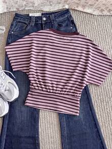 Women's Contrast Stripe Round Neck Waist Casual Everyday Top - Red - View 2
