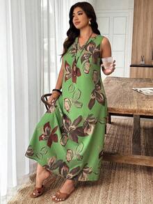 Weeklong Vestido casual de verano de talla grande con cuello con muesca y decoración de botones en unicolor - Verde 2 - Ver 3