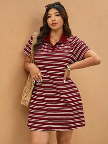 Elaquor Vestido casual holgado de manga corta raglán con media cartera a rayas para tallas grandes - Burdeos - Ver 1