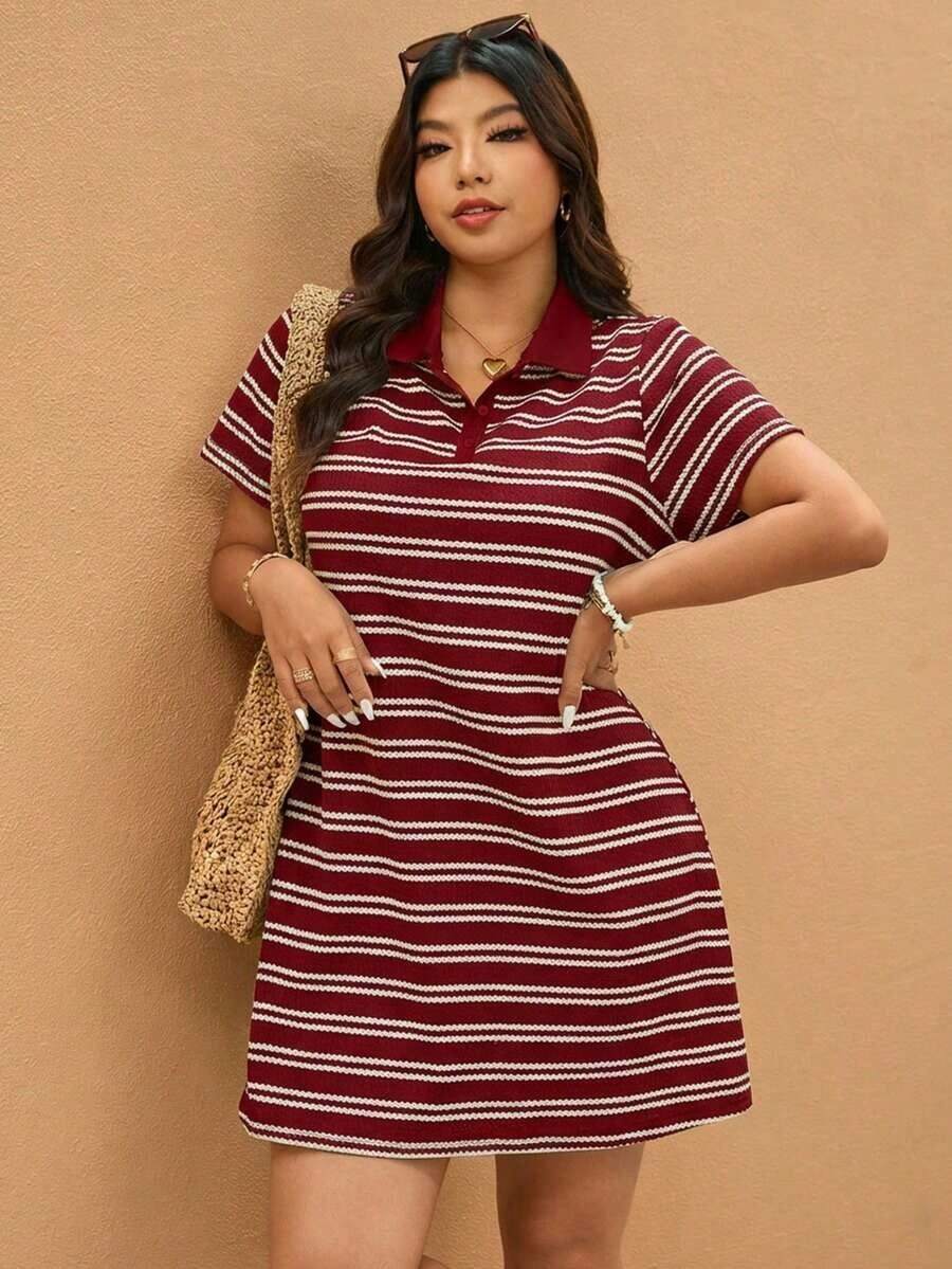 Elaquor Vestido casual holgado de manga corta raglán con media cartera a rayas para tallas grandes - Burdeos - Ver 1