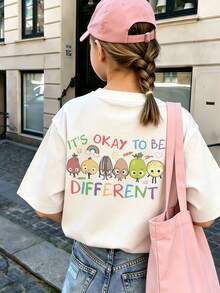 [Back To School] 1pc Tween Girl Printed Short Sleeve T-Shirt, Student Youth Apparel, Summer Top For Kids - Apricot - View 2