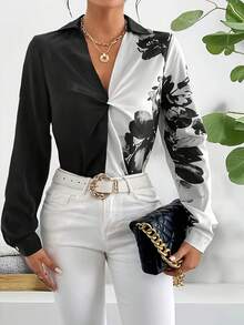 Women's Floral Print Front Twist Satin Blouse Black - Black - View 1