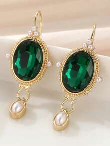 1 Pair Vintage Round Synthetic Dark Green Earrings, Fashion Creative Pendant Earrings For Women, Suitable For Holidays And Parties - Green - View 4