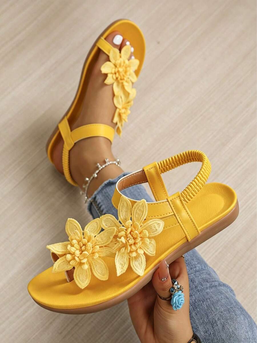Women's Solid Color Woven Floral Decor Toe Loop Sandals, Soft Rubber Sole With Ankle Strap, PU Leather Casual Beach Shoes - Yellow - View 1