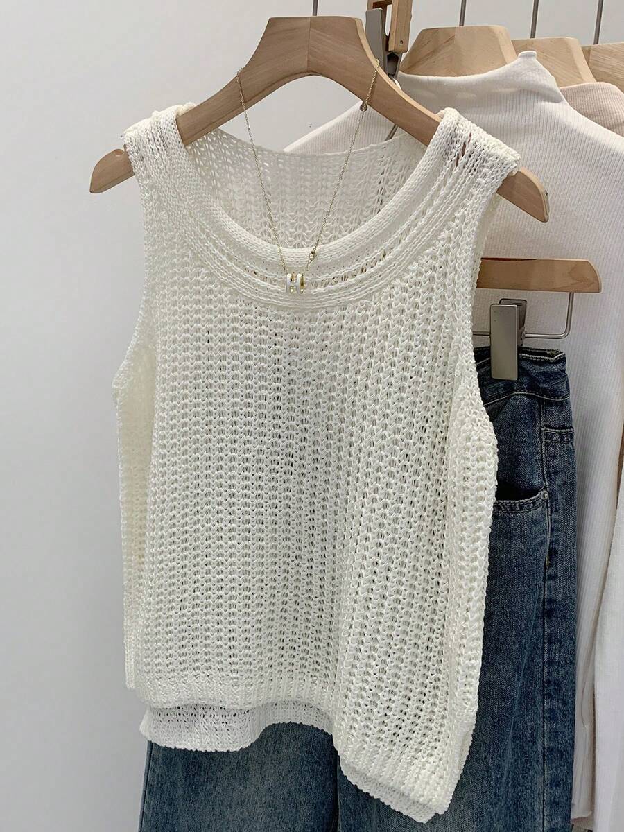 Áo len nữ mùa hè dáng suông cổ tròn không tay, phong cách Bohemian, màu trơn, xẻ tà ngắn phía trước và dài phía sau, chất liệu hơi xuyên thấu, thoáng khí, thoải mái, thanh lịch, thích hợp cho tiệc tùng, hẹn hò, kỳ nghỉ thường ngày. - màu trắng ngà - Xem 1