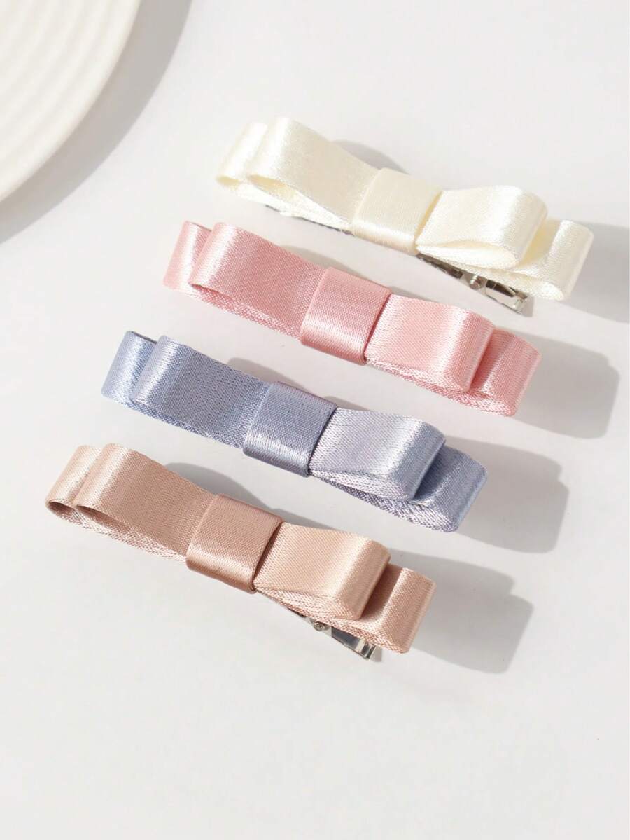 4pcs Girls' Delicate Minimalist Versatile Solid Color Bow Hair Clips - Multicolor - View 1