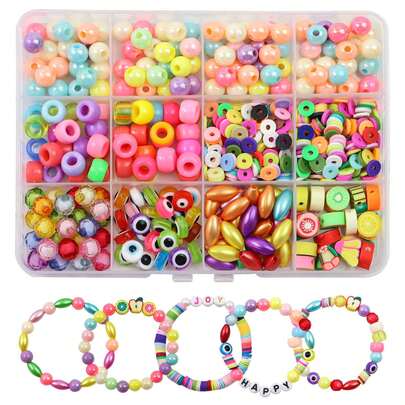 Bộ 370 hạt cườm cơ bản tông màu sáng, nhiều hình dạng khác nhau, dùng để làm đồ trang sức DIY.