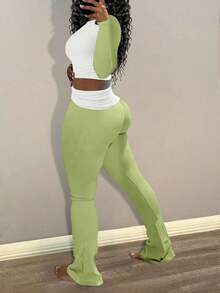 Women'S Casual Round Neck Long Sleeved Contrasting Color Spliced T-Shirt And Waist Pleated Flared Pants Set Spring Clothing - 綠色 - 查看 3