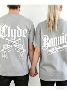 Couple Matching Gothic Bonnie And Clyde Print Hoodie, Unisex 250g Heavyweight Fleece Drawstring Pullover, Valentine's Casual Gift Sweatshirt - 女士款灰色 - 查看 3