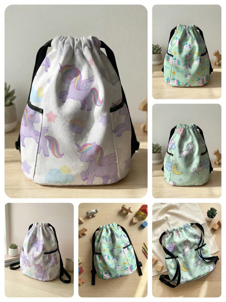 1pc Drawstring Closure Backpack, Multi-Scenario, Super Large Capacity, Ultra-Lightweight, Durable, Highly Attractive, Foldable Storage Bag, Cartoon Horse Print Drawstring Fitness Sports Backpack, Dust-Proof Storage, Suitable For Outdoor, Fitness, Daily Commute And School Use - Multicolor - View 1