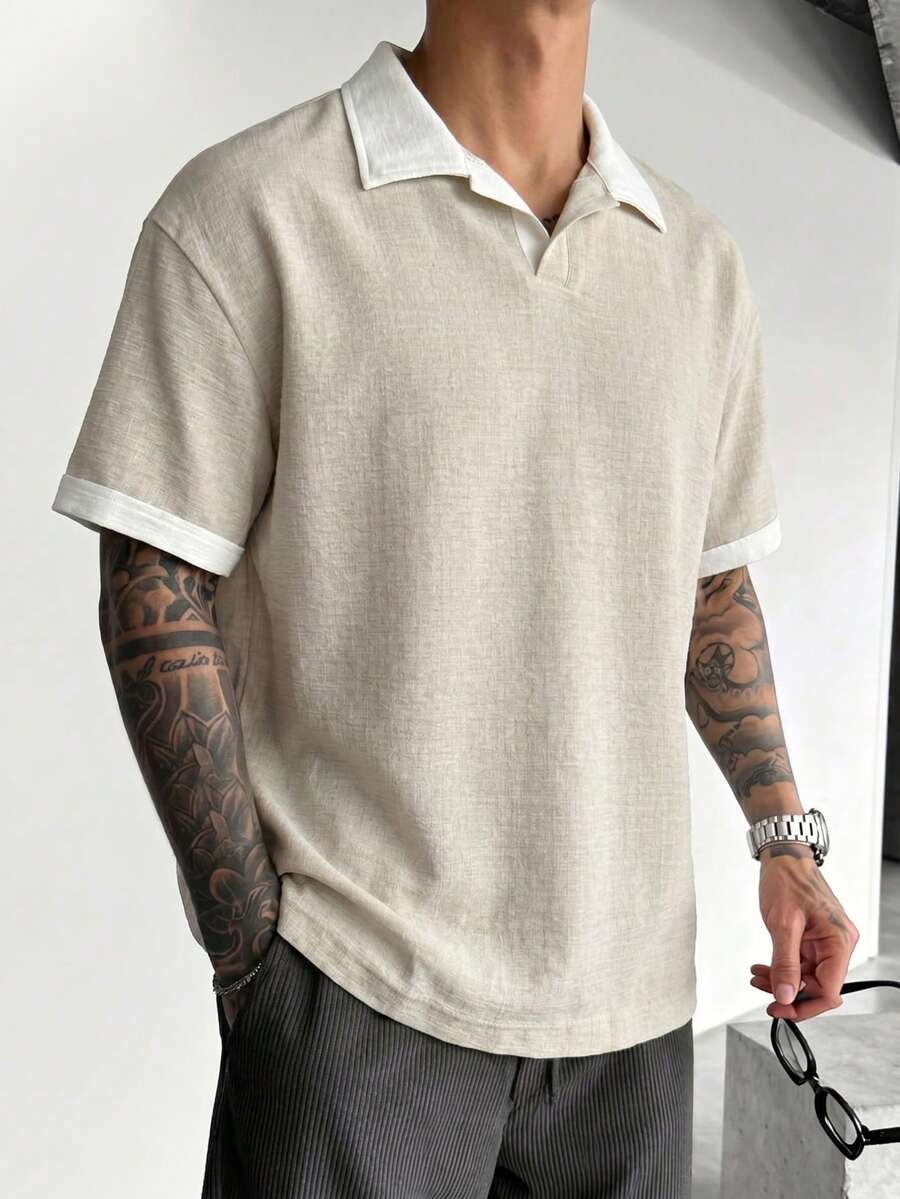 Blueprint Man 1件男士 Polo 衫，杏色對比領無鈕扣 Polo，紋理垂墜仿亞麻面料，舒適防起球透氣，成熟休閒商務通勤風，日常通勤商務休閒夏季度假旅行老錢風 - 杏色 - 查看 1