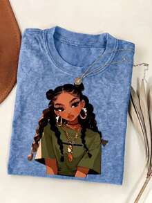 Áo thun phong cách "Bad Girl" dành cho tuổi teen, dáng regular fit, họa tiết retro năm 2026, tay ngắn thoải mái theo phong cách vintage đã qua xử lý, cổ tròn độc đáo, phong cách đường phố năng động, thích hợp mặc thường ngày mùa hè. - Màu xanh nhạt - Xem 1