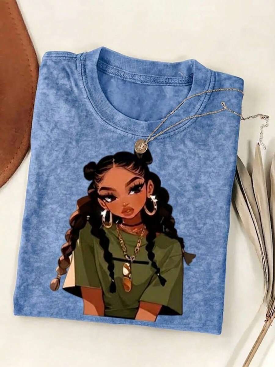 Áo thun phong cách "Bad Girl" dành cho tuổi teen, dáng regular fit, họa tiết retro năm 2026, tay ngắn thoải mái theo phong cách vintage đã qua xử lý, cổ tròn độc đáo, phong cách đường phố năng động, thích hợp mặc thường ngày mùa hè. - Màu xanh nhạt - Xem 1