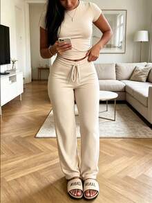 2pcs/Set Women's Round Neck Short Sleeve T-Shirt And Elastic Waist Loose Pants, Casual Solid Color Round Neck Short Sleeve With Drawstring Waist Pocket Wide Leg Straight Pants, Suitable For Daily Wear, Spring/Summer/Autumn Elegant - Apricot - View 6