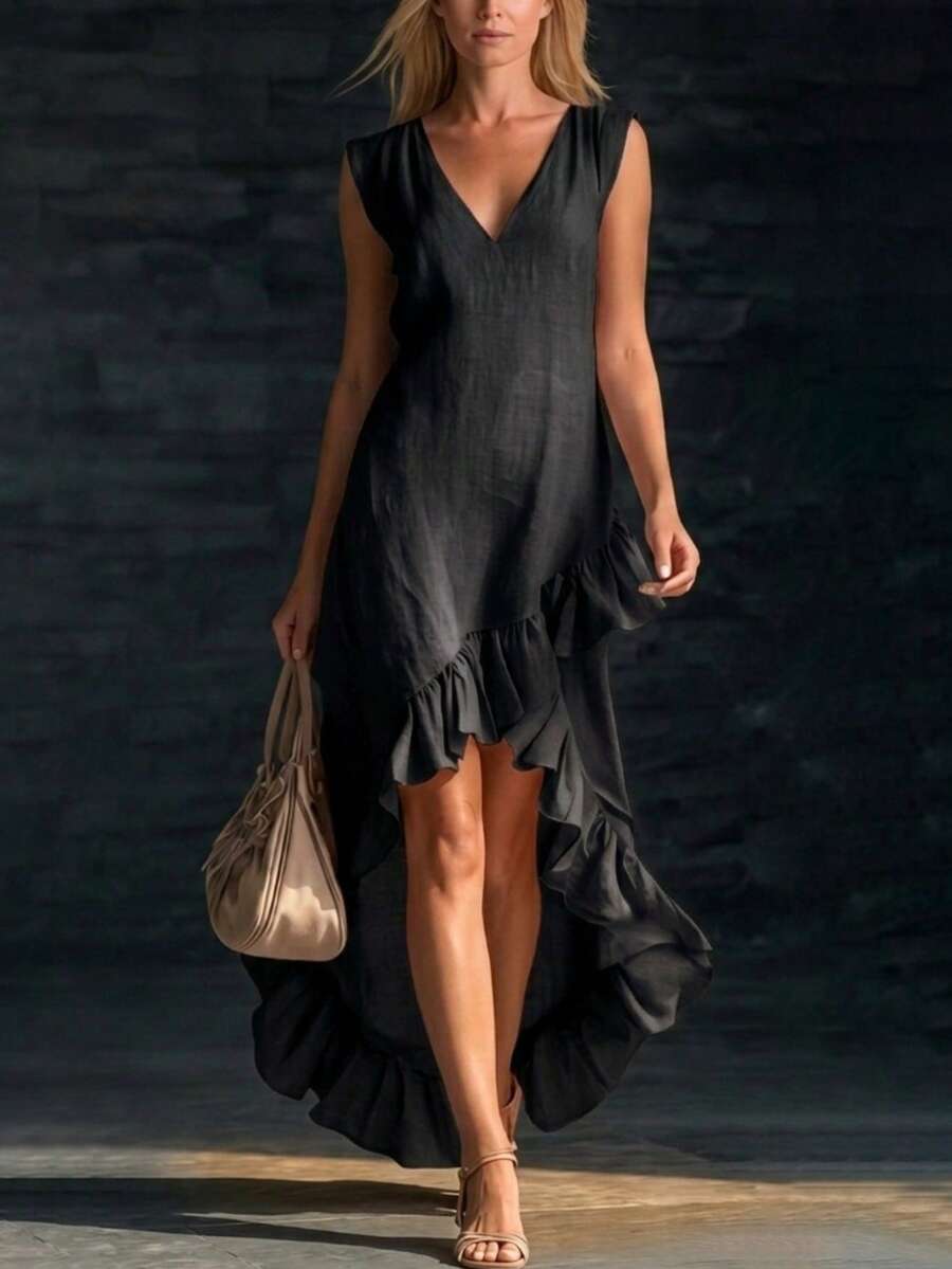 New Romantic Sleeveless V-Neck Ruffled Cotton And Hemp Dress For Spring And Autumn 2026 - 黑色 - 查看 1