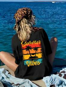 1 Piece, 100% Cotton. Loose-Fitting 100% Cotton T-Shirt, Short-Sleeved Summer T-Shirt With A Round Neck, New Arrivals 2026, Women's T-Shirt With A Graphic Lip Motif, Round Neck, Short Sleeves, For Outdoor Activities, Street Style, Casual, Perfect Choice For Spring And Summer Outfits, Casual Everyday Wear. Summer Style T-Shirt - Black - View 8