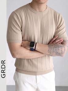 GRDR 男士时尚圆领针织短袖T恤，夏季休闲运动必备单品 - 杏色 - 查看 4