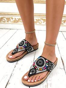 2026 New Summer Beaded Flip Flops, Handmade Bohemian Thong Sandals With Soft Wood Bottom, Comfortable And Fashionable, Suitable For Beach, Vacation, Daily Wear, Versatile Design Goes Well With Dresses, Jeans, Swimwear, Vibrant Colors And Geometric Patterns, Ergonomic Footbed, Non-Slip, Available In Plus Size, European And American Style - Multicolor - View 5