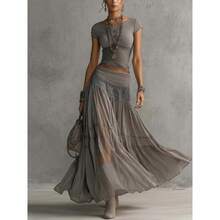 2026 Gray Knit Top + Chiffon Long Skirt Set Women's Fashionable And Elegant Two-Piece Outfit - Xám - Xem 5