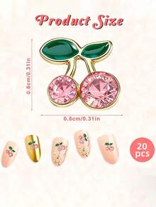 20pcs 3D Cherry Nail Decorations - Red & Pink Crystal Nail Gems With Green Leaves, Aluminum Alloy Fruit Nail Stickers, For Manicure, Nail Jewelry, Nail Art Supplies - Pink - View 5