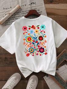 Camiseta de manga corta negra de moda para mujer Howell, con estampado de margaritas y flores dibujadas a mano, casual y fresca para el verano - Blanco - Ver 3