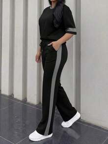 Conjunto de 2 piezas para mujer de primavera/verano, top de manga corta de cuello redondo y contraste de color casual y versátil, y pantalones rectos de cintura alta con cordón - negro + gris - Ver 6