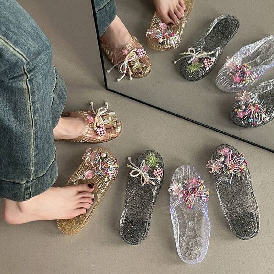 Women's Transparent PVC Jelly Shoes, Korean Style Floral Decor Flat Slip-On Sandals, Sweet Flower Pattern, Closed Toe, Anti-Slip, Casual Daily Footwear For Spring Summer - 透明小蒼蘭 - 查看 1
