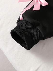 Tween Girl Ribbon Bow Decor Round Neck Long Sleeve Top And Pants Set - Black - View 5