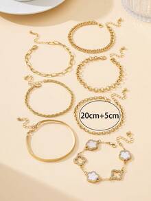7pcs Summer New Vacation Beach Style Elegant Classic Versatile Chain Hollow Clover & Sweet Five-Leaf Clover Anklet Set For Women - White - View 7