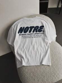 Camiseta masculina de verão casual e folgada com estampa "NOTRE SUCCES" e gola redonda, manga curta. Ideal para casa, escritório, atividades ao ar livre, cidade, uso casual, rua, lazer, jovens, minimalista, universitário, retrô, versátil, texturizada, elegante, personalizada e esportiva. - Branco - Ver 2