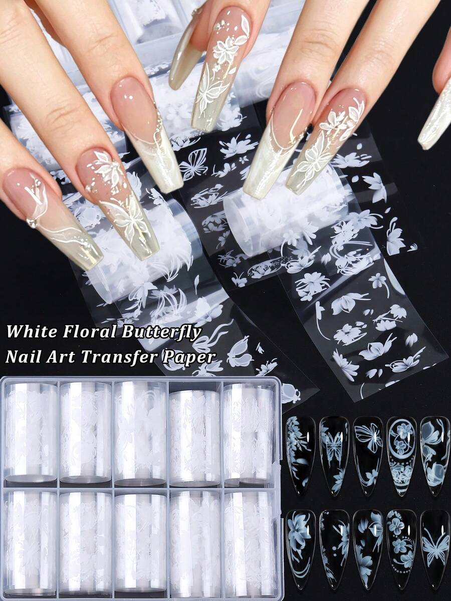 10 Rolls/Box White Floral Butterfly Nail Transfer Foil Set, Elegant Romantic White Ink Wash Style Flower Nail Art Transfer Paper, Perfect For Nude And French Manicure, Suitable For Women And Girls To Use On Dates, Weddings And Parties - White - View 1
