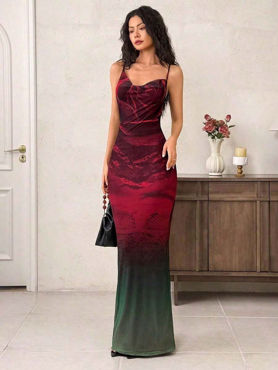 Vestido de malla con escote en la espalda para mujer, vestido largo de ajuste ceñido para uso diario - Negro - Ver 1