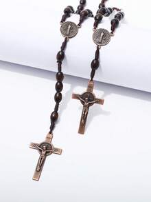 1 Set Brown Wooden Handmade Necklace & Bracelet Set, Cross Pendant Prayer Rosary Gift For Family - Brown - View 1