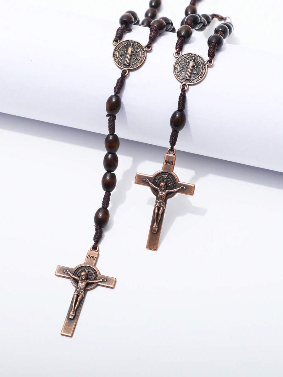 1 Set Brown Wooden Handmade Necklace & Bracelet Set, Cross Pendant Prayer Rosary Gift For Family - Brown - View 1