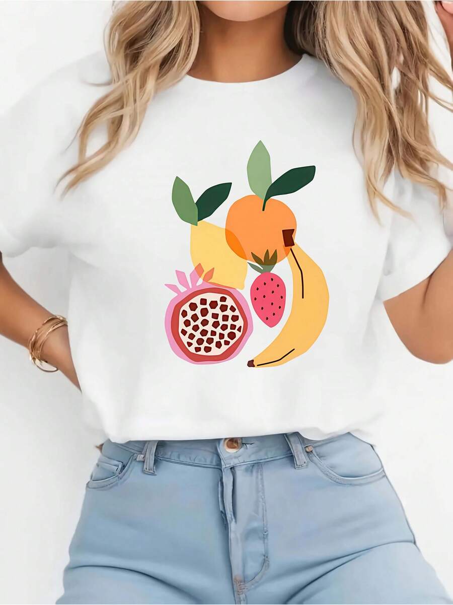 Plus Size - Casual Women's T-Shirt With A Colorful Fruit Print, Short Sleeves, Crew Neck, And Made From A Soft Blend. It Is Machine Washable And Comes In White With Motifs Of Orange, Banana, And Strawberry. Ideal For All Seasons, Summer