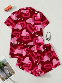 Heart Print Women's Bubble Crinkle Short Sleeve Shorts Pajama Set - Red - View 9