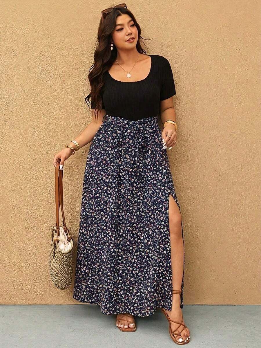 Elaquor Vestido casual de verano con cuello redondo, abertura alta y estampado floral de margaritas en patchwork para mujer talla grande - Azul marino - Ver 1