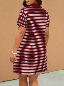 Elaquor Vestido casual holgado de manga corta raglán con media cartera a rayas para tallas grandes - Burdeos - Ver 2