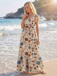 Vestido largo de línea A con pliegues y estampado floral vintage, con mangas cortas y bajo. Vestido elegante y casual para vacaciones, adecuado para primavera y verano. Vestido chic para salir de vacaciones - Multicolor 4 - Ver 1