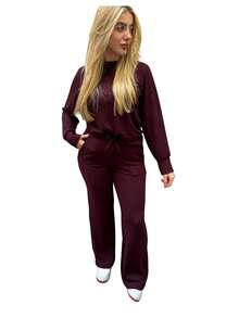 Women's Comfy Autumn/Winter Set: Wide-Leg Pants, High-Waisted With Elastic Waistband, And Woolen Blouse - Burgundy - View 2
