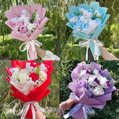 Sanrio Realistic Rose Bouquet, Hello Kitty Photo Prop Decor, Hello Kitty Christmas, Valentine's Day, Halloween, Thanksgiving Holiday Decoration, Eternal Pink Artificial Rose Bouquet, Suitable For Living Room, Bedroom, Outdoor, Wedding