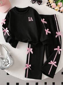 Tween Girl Ribbon Bow Decor Round Neck Long Sleeve Top And Pants Set - Black - View 1