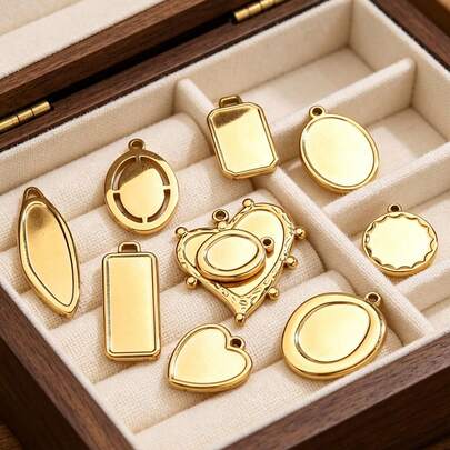 5-Piece Set Of 304 Stainless Steel 18K Gold-Plated Fashionable Geometric Heart, Circle, Square, And Other Shaped Pendant Bases With Gemstone Settings For DIY Necklace, Earring, And Bracelet Jewelry Making-Perfect For Women's Everyday Wear